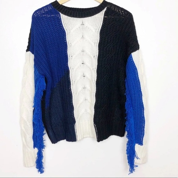Colorblock ribbed cable knit fringe sweater weather outfit - Picture 3 of 14